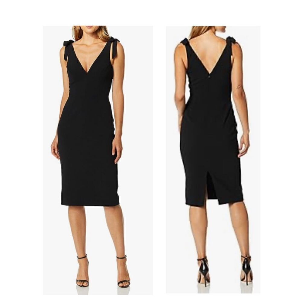 Dress the Population Women's Lita Sleeveless Plunging Midi Sheath Dress W Bows